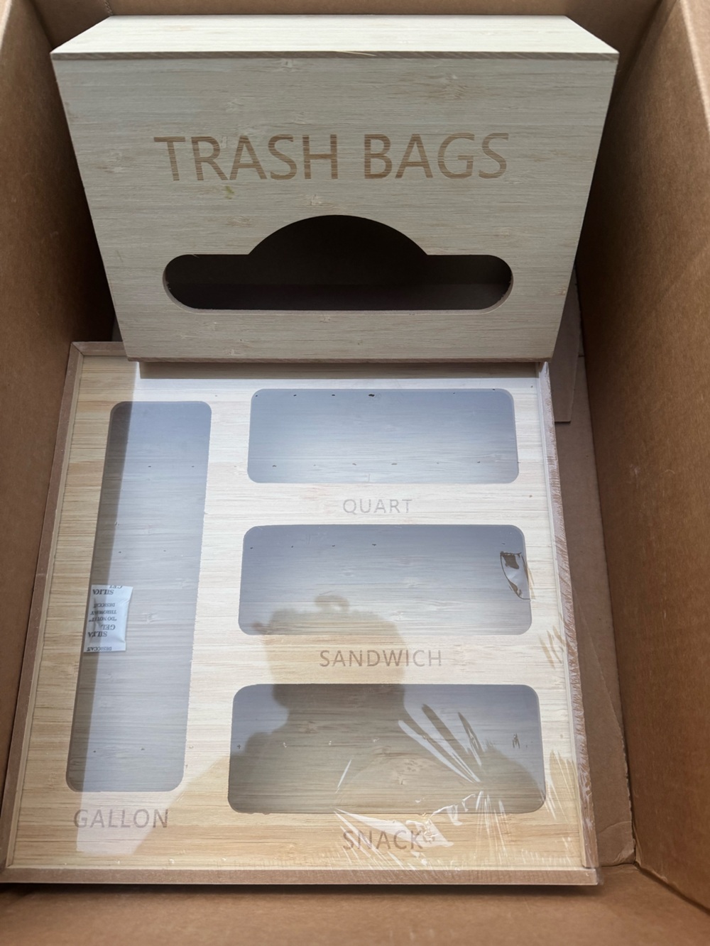Wooden Bag Organizer with Labeled Compartments and Trash Bag Organize
